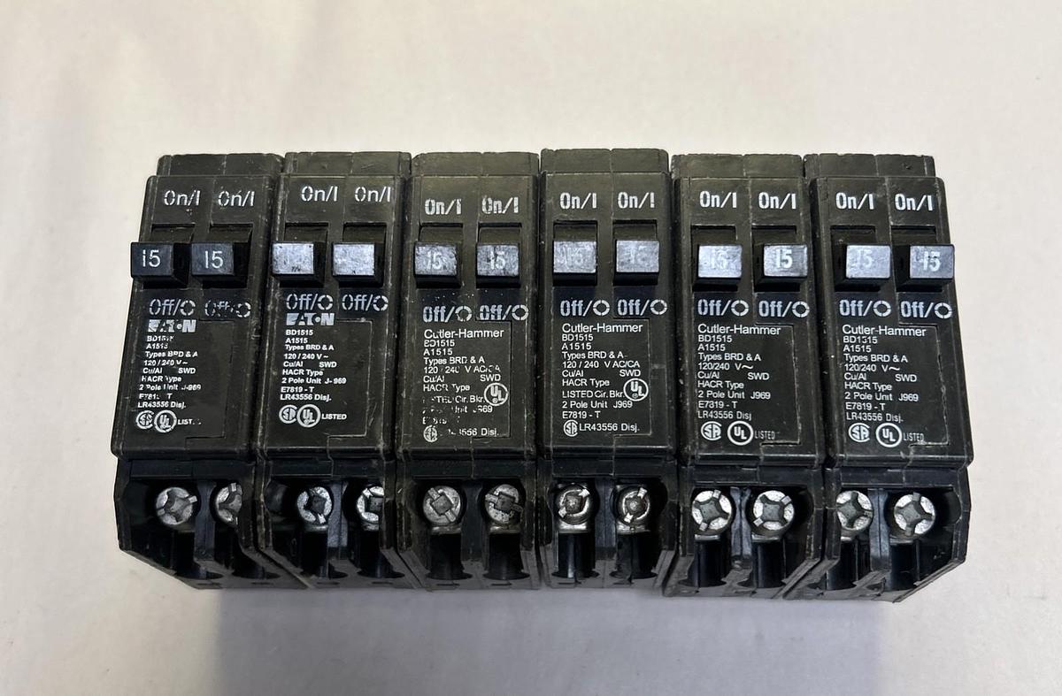 Used CUTLER-HAMMER,BD1515,TANDEM CIRCUIT BREAKER 15A 120/240V 2P LOT OF 6