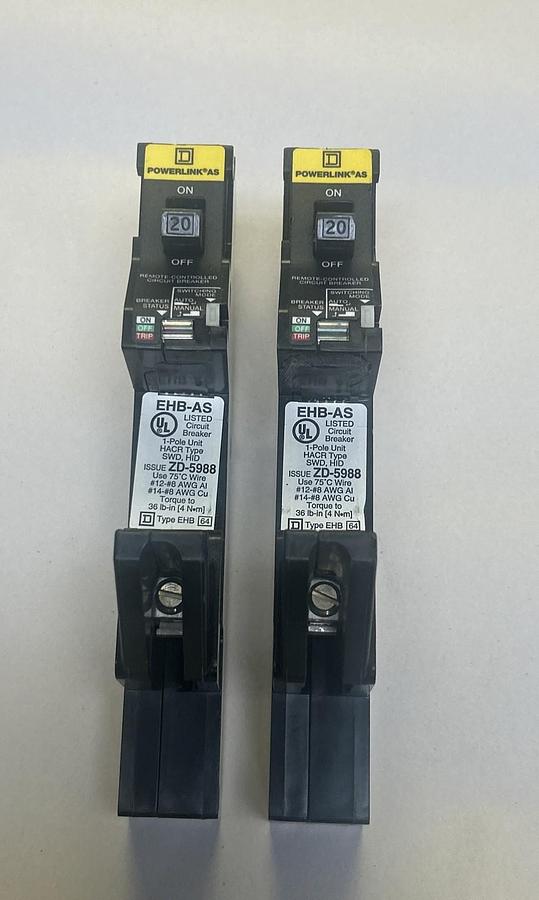 Used SQUARE D,EHB14020AS,REMOTE CONTROLLED CIRCUIT BREAKER 20A 277V 1P LOT OF 2
