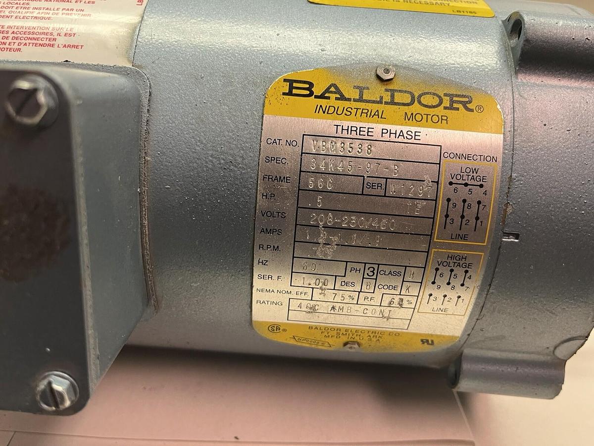 Used BALDOR,VBM3538,BRAKE MOTOR 1/2HP 3PH 1725RPM 56C