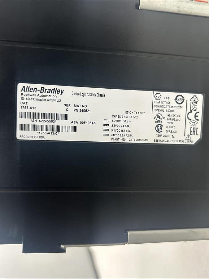 Used ALLEN BRADLEY,1756-A13,13 SLOT CHASSIS W/ 1756-PA72 POWER SUPPLY