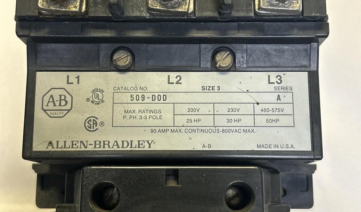 Used ALLEN BRADLEY,509-D0D,NON REVERSING STARTER SIZE 3 90A 600V