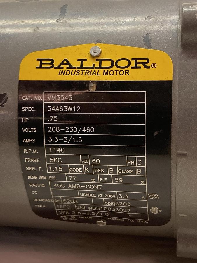 Used Baldor,VM3543,Industrial Motor 0.75Hp 208-230/460V 1140RPM 60Hz 56C Frame