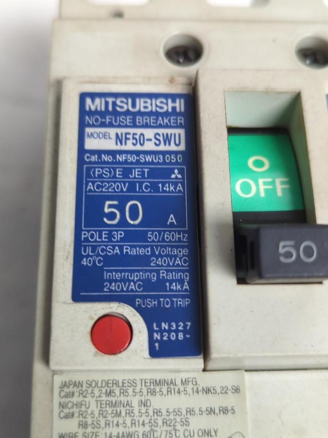 Used MITSUBISHI,NF50-SWU050,NO FUSE BREAKER 50A 3-POLE PRE-OWNED