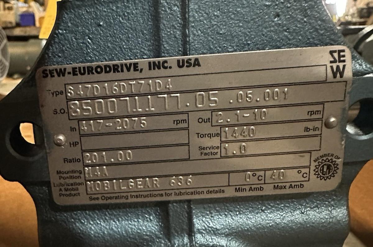 Used SEW-Eurodrive,S47D16DT71D4,Gearmotor Ratio 201.00 Torque 1440 Lb-In 2.1-10 RPM