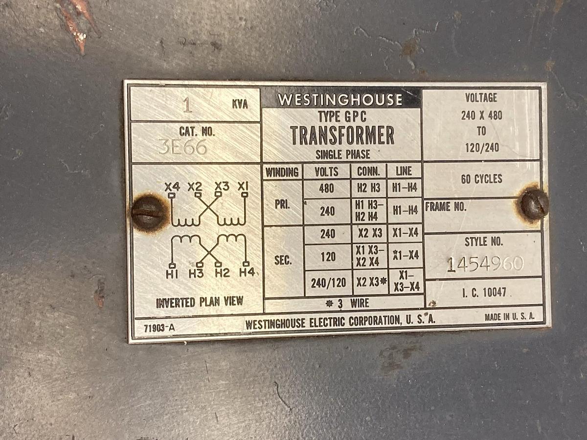 Used Westinghouse,3E66,Single Phase Transformer 1KVA 60Cy