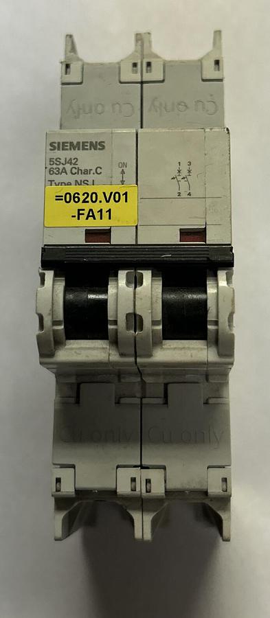 Used SIEMENS,5SJ4263-7HG41,MINIATURE CIRCUIT BREAKER 63A 240V 2P