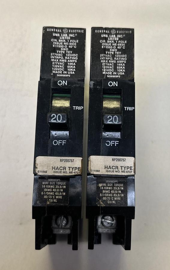 Used GENERAL ELECTRIC,TEY120,CIRCUIT BREAKER 20A 277V 1P LOT OF 2
