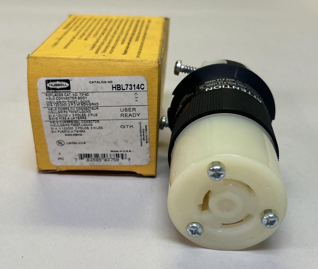 HUBBELL,HBL7314C,LOCKING CONNECTOR 20 AMP 3 POLE 3 WIRE 125/250V NOS