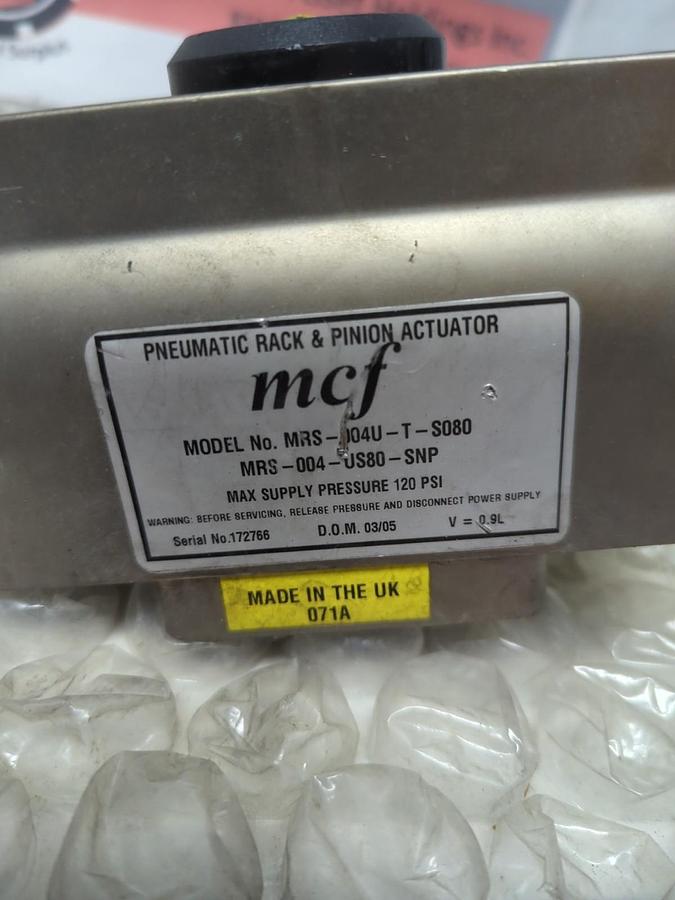 Used MORIN/MCF,MRS-004U-T-S080,PNEUMATIC RACK & PINION ACTUATOR 120PSI PRE-OWNED