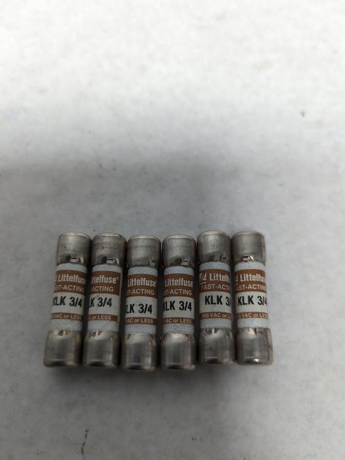 LITTELFUSE,KLK 3/4,FAST ACTING 3/4 AMP FUSE LOT OF 6 NOS