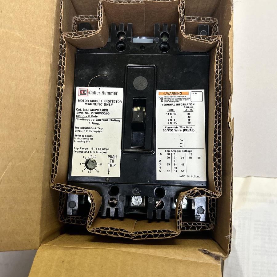 Used EATON CUTLER-HAMMER,MCP0358CR,CIRCUIT BREAKER 7A 600V 3P NEW