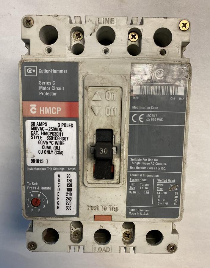 Used Cutler-Hammer,HMCP030H1,Series C Motor Circuit Protector 30AMP 600VAC 250VDC 3 P