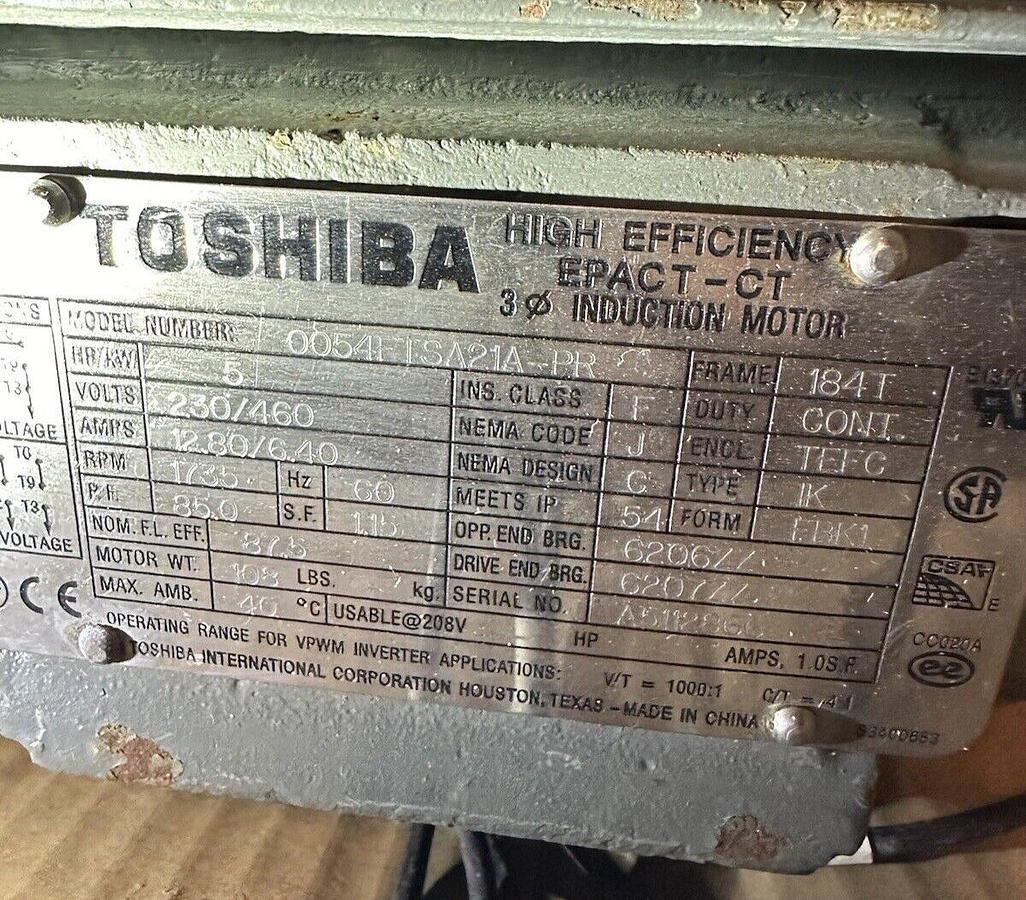 Toshiba,0054FTSA21A-PR,5HP 1735 RPM 3PH 184T Frame Induction Motor