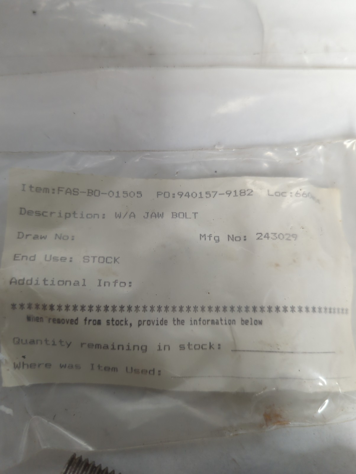 UNBRANDED,243029,W/A JAW BOLT NOS