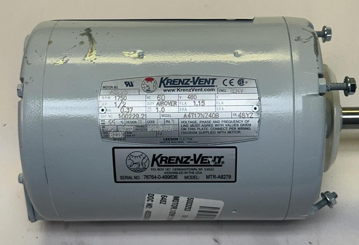 KRENZ-VENT,100229.21,AC MOTOR 1/2HP 1750RPM 460V 48YZ FRAME NOS