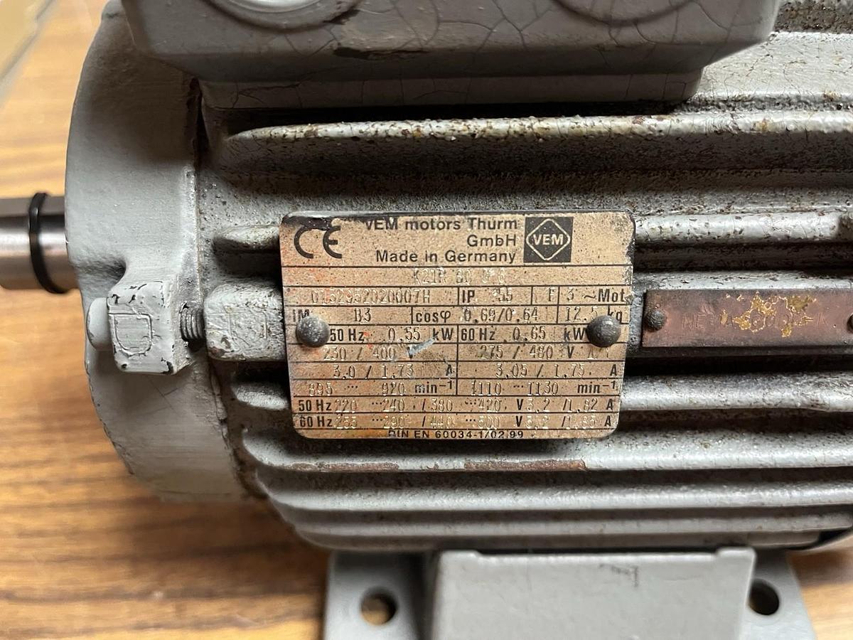 Used VEM,K21R-60-G-6,MOTOR .55kW 230/480V 3PH 1130RPM