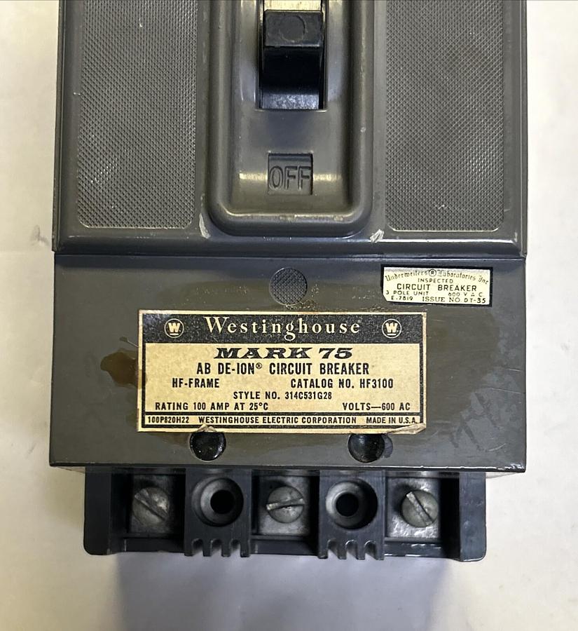 Used WESTINGHOUSE,HF3100,CIRCUIT BREAKER 100A 600V 3P