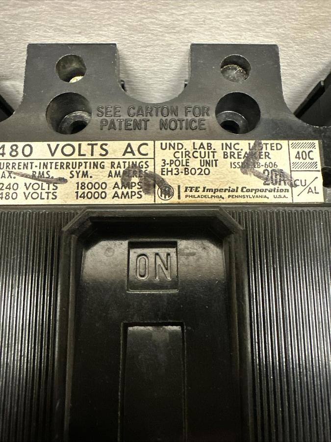 Used ITE,EH3-B020,20 AMP 3 Pole 480VAC Molded Circuit Breaker
