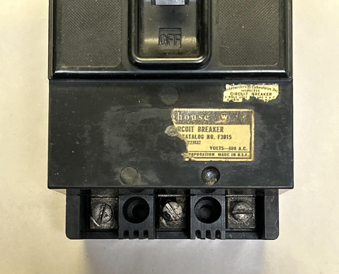 Used WESTINGHOUSE,F3015,CIRCUIT BREAKER 15A 600V 3P
