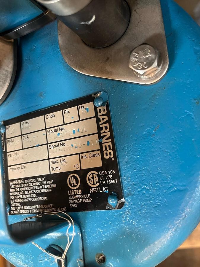 CRANE BARNES,SGVF2042L,SUBMERSIBLE SEWAGE PUMP 2HP 3PH 480V 1-1/4" DISCHARGE