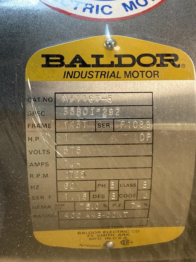 Baldor,M5116T-5,3-Phase Motor Frame 143T 1Hp 575V 1.4A 1725RPM