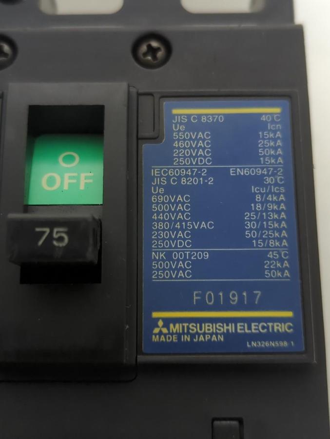 Used MITSUBISHI,NF100-SW,CIRCUIT BREAKER 75 AMP 3-POLE PRE-OWNED