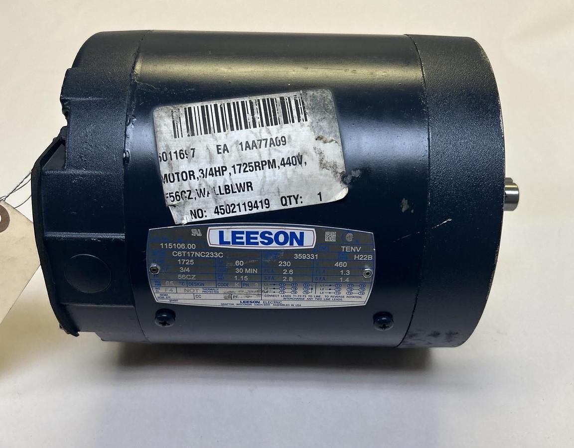 Used LEESON,115106.00,MOTOR 3/4HP 1725RPM 230/460V 3PH 56CZ FRAME