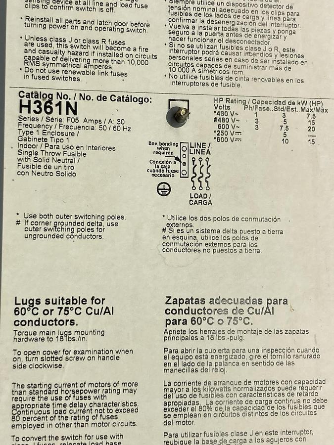 Used Square D,H361N,Heavy Duty Safety Switch 30A 600Vac