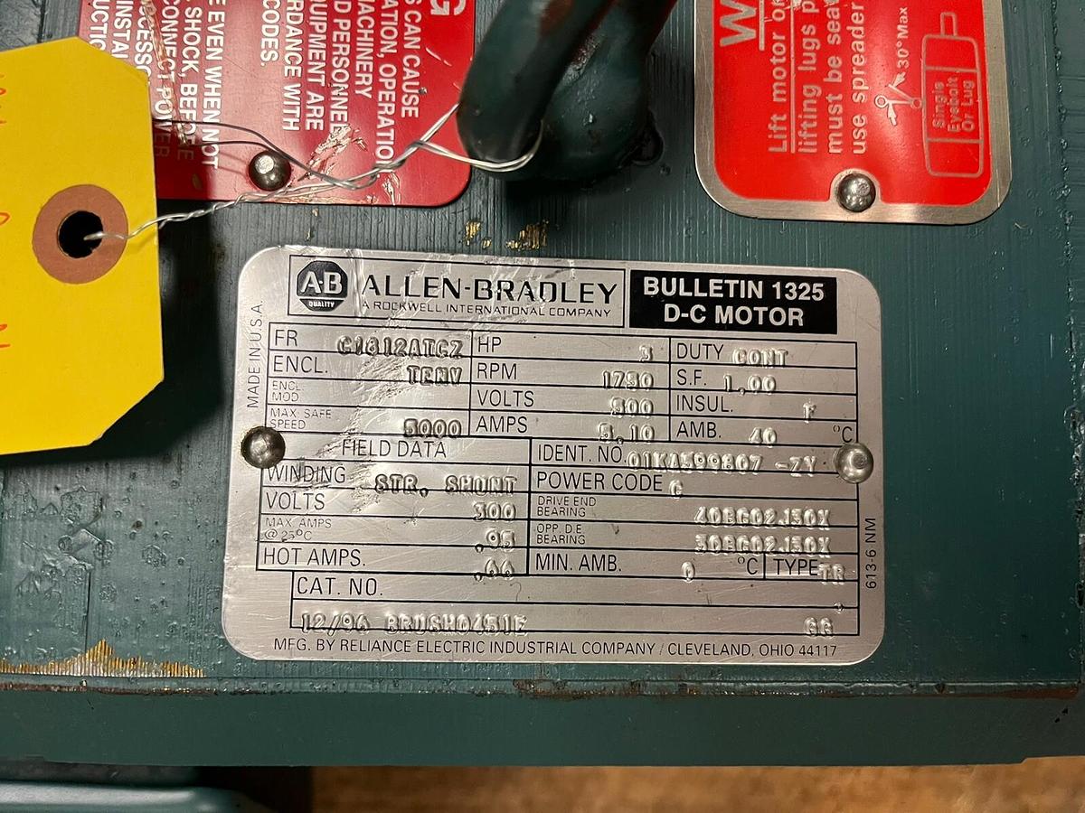 Used ALLEN BRADLEY,C1812ATCZ,DC MOTOR 1325 3HP 1750RPM 300VDC