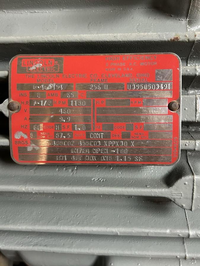 Used LINCOLN,D-4G3454,AC MOTOR 7.5HP 460V 1180RPM 3PH 256U FRAME