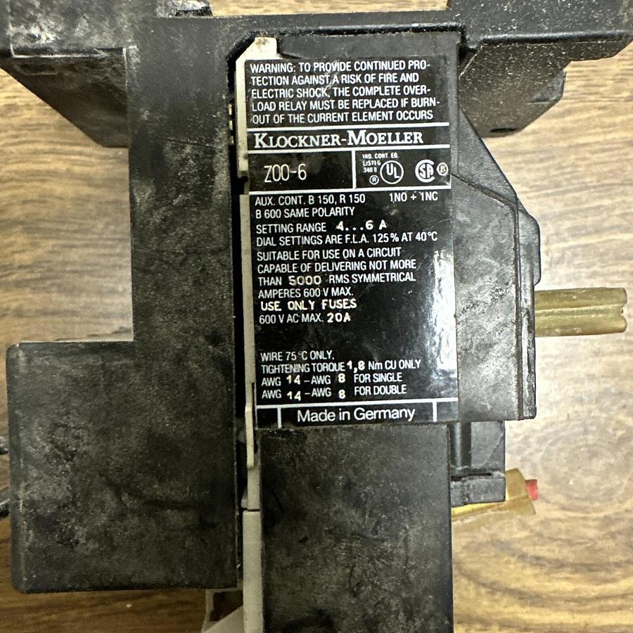 Used Kloeckener-Moeller,EZ 00,Contactor WZ006 Overload Protection Relay