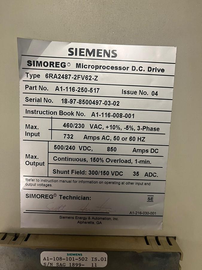 Used SIEMENS,6RA2487-2FV62-Z,SIMOREG MICROPROCESSOR DC DRIVE 850A
