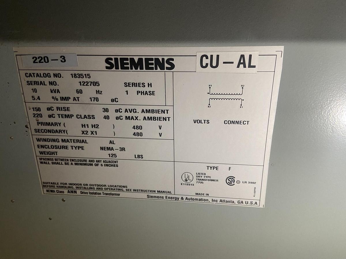 Used Siemens,183515,Transformer 10kVA 60Hz 1 Ph 480V