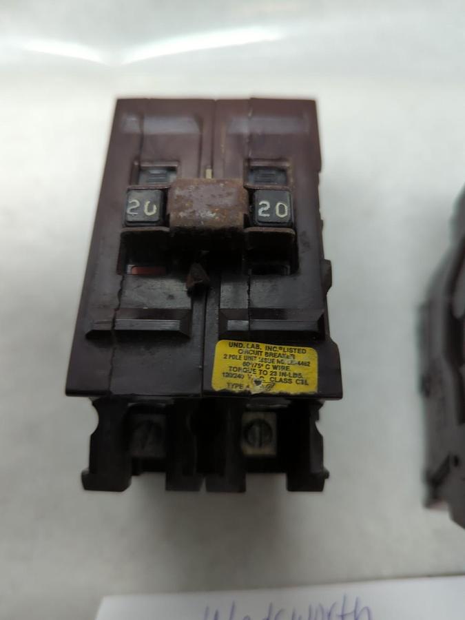 Used WADSWORTH,A220,TYPE A CIRCUIT BREAKER 20 AMP 2-POLE LOT OF 2 PRE-OWNED