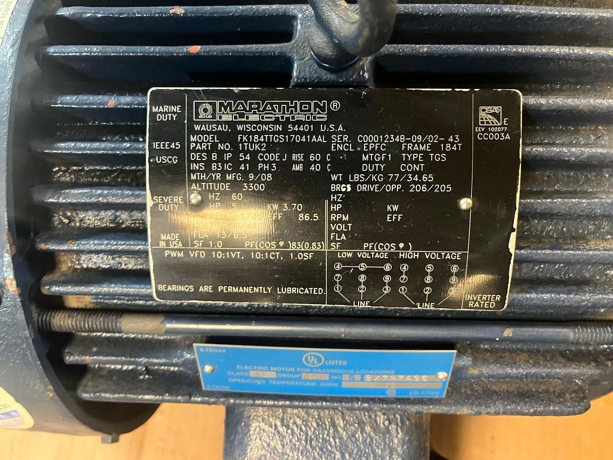 Used MARATHON,FK184TTGS17041AAL,SEVERE DUTY INVERTER MOTOR 1TUK2 5HP 1745RPM 3PH 184T