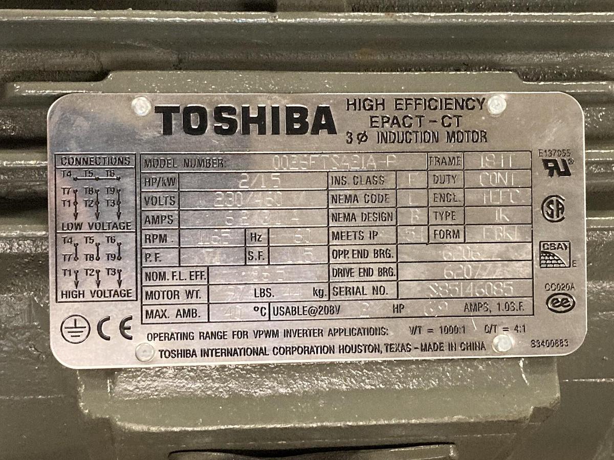 Toshiba,0026FT5A21A-P,2 HP Motor 1165 RPM  230/460 Volts  184T Frame