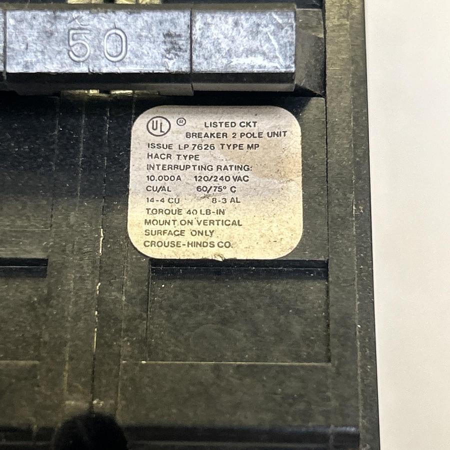 Used CROUSE HINDS,MP250,CIRCUIT BREAKER 50A 120/240V 2P LOT OF 4