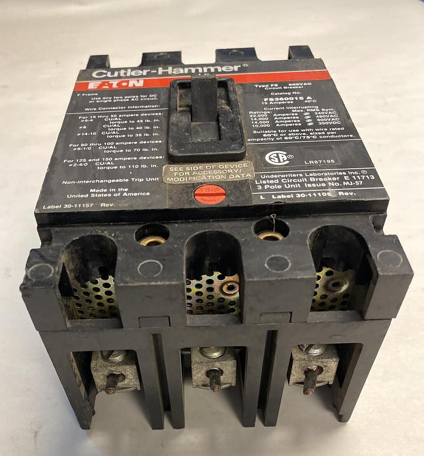 Used Cutler-Hammer,FS360015 A,Circuit Breaker 15AMP 600VAC 3 Pole
