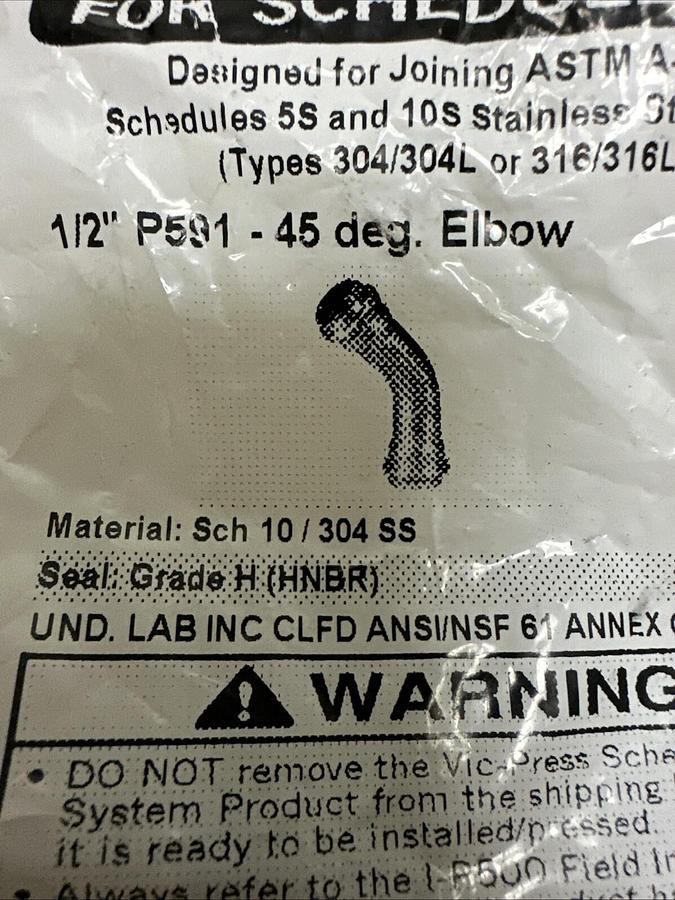 Used Vic-Press,P591,1/2" 45 Deg Elbow Sch 10/304SS