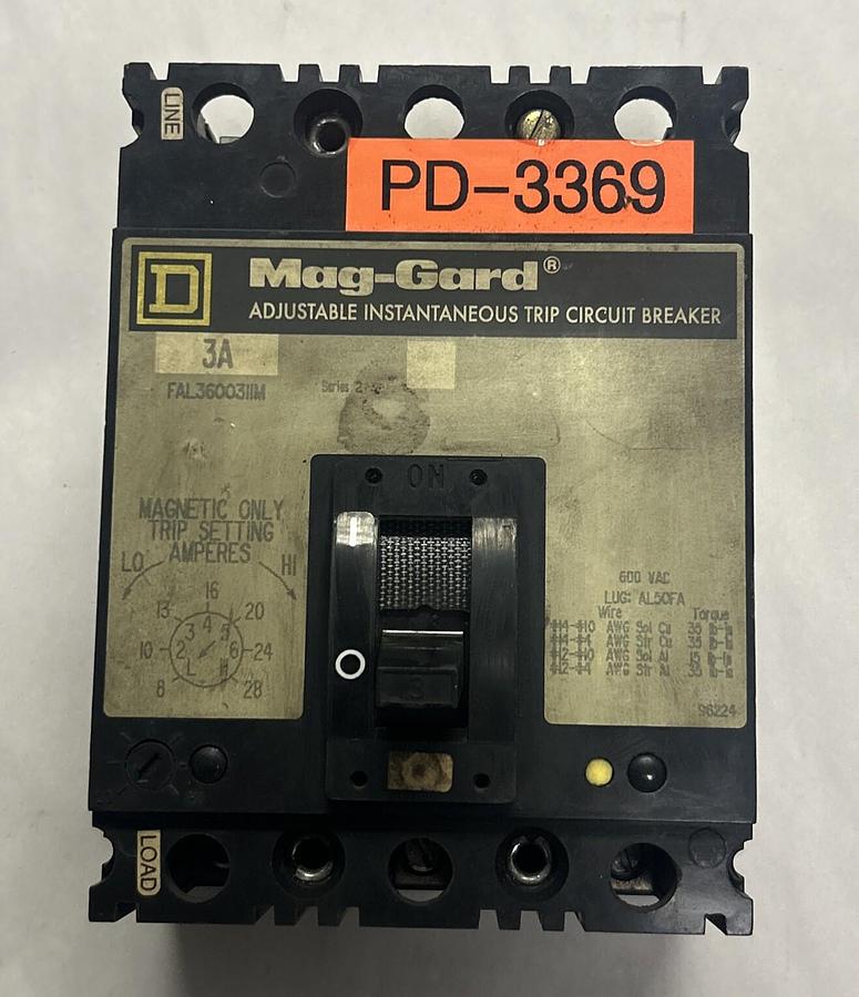 Used SQUARE D,FAL36003IIM,CIRCUIT BREAKER 3A 600V 3P