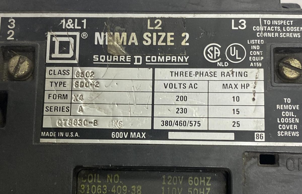 Used Square D,8502 SD0-2,Series A Contactor