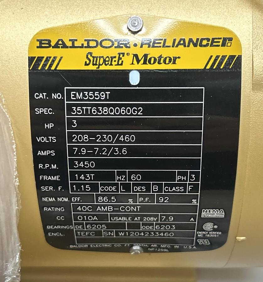 BALDOR,EM3559T,SUPER-E MOTOR 3HP 3450RPM 3PH 208-230/460V 143T FRAME NEW