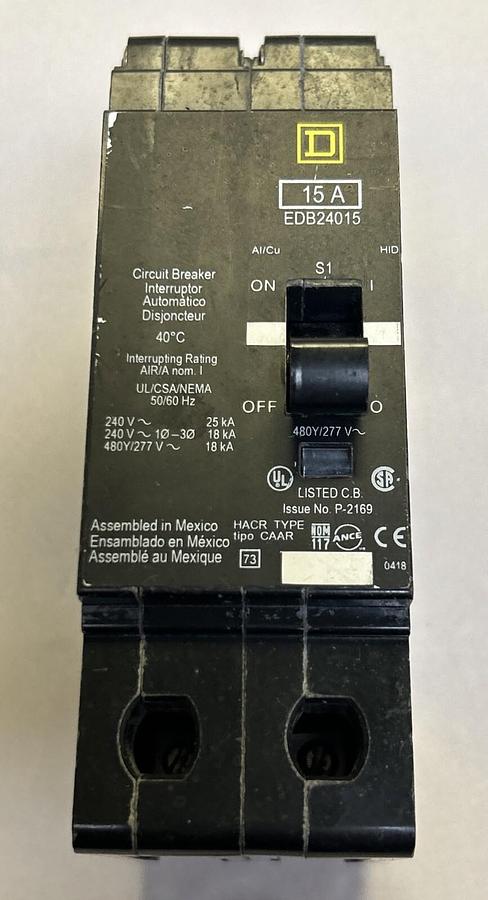 Used SQUARE D,EDB24015,CIRCUIT BREAKER 15A 277V 2P