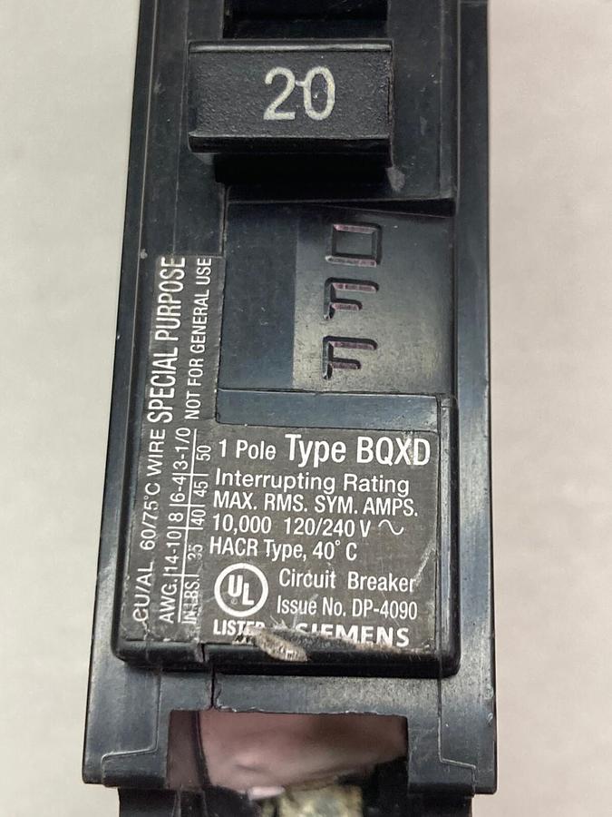 Used Siemens,BQXD,1-Pole Breaker 120/240V HACR Type
