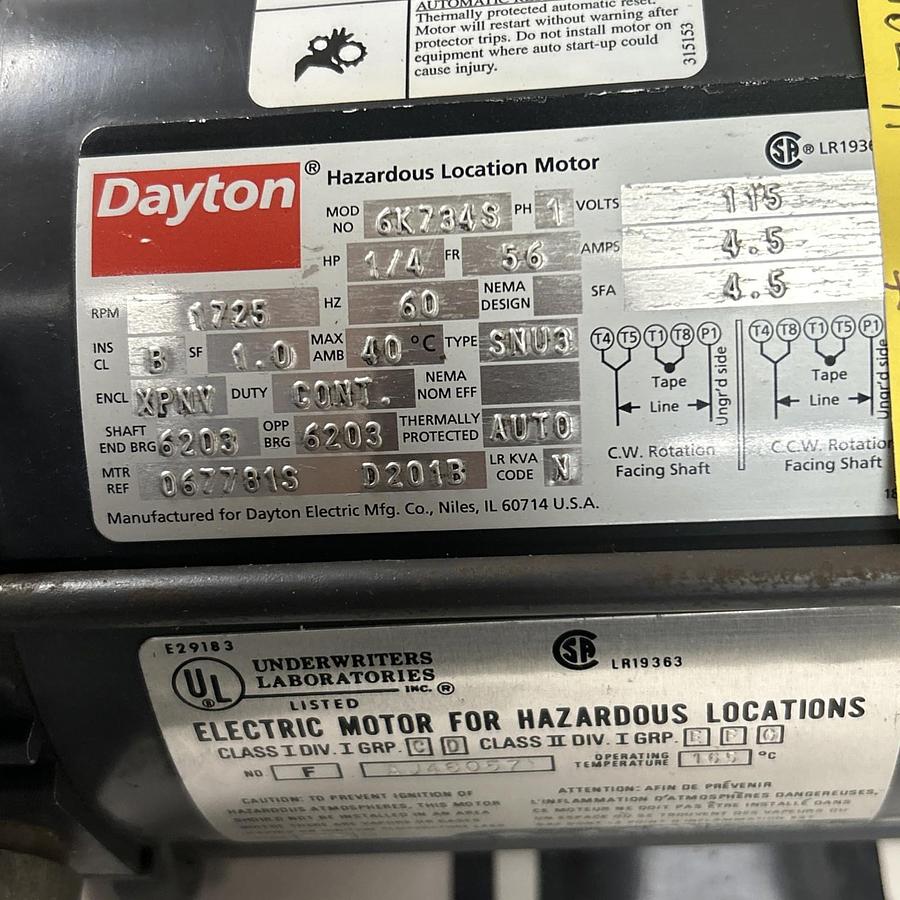 Used DAYTON,6K734S,HAZARDOUS LOCATION MOTOR 1/4HP 115V 1725RPM 1PH 56 FRAME