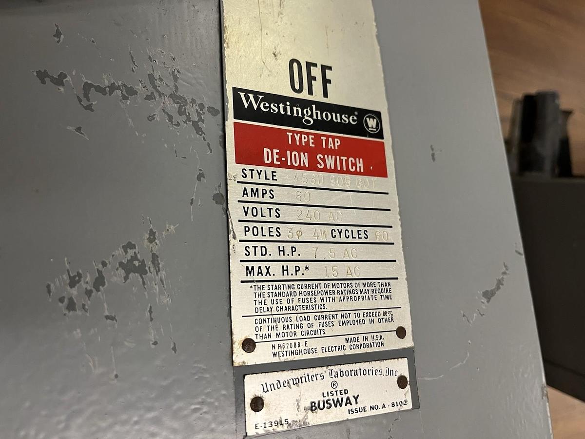 Used Westinghouse,456D-905-G07,TAP DE-ION BUSWAY BUS PLUG 60A 240V 3PH