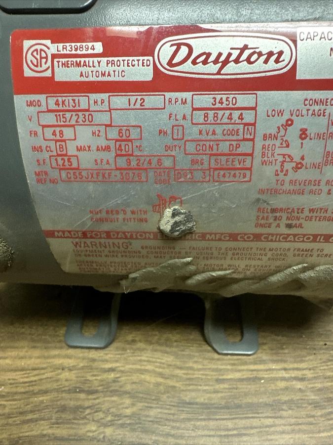 Used Dayton,4K131,1/2 HP 3450 RPM 48 Frame Motor