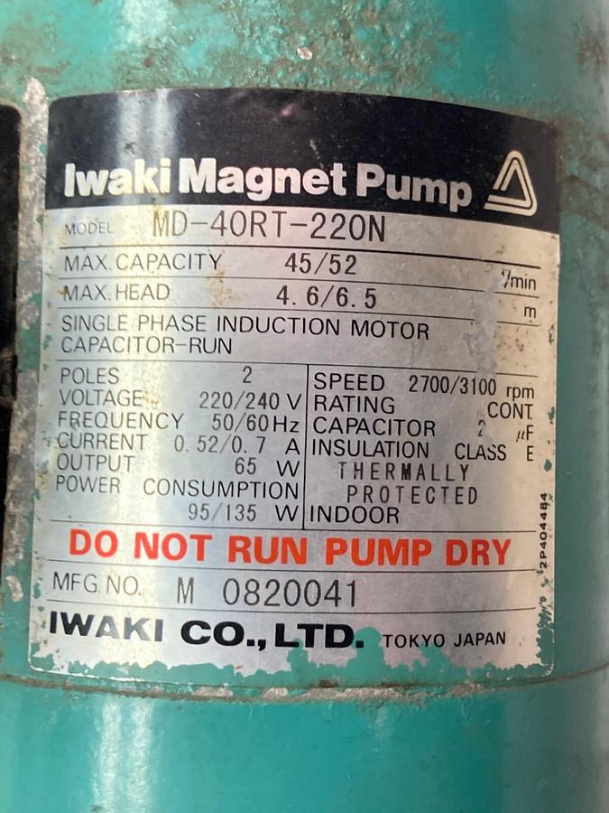 Used Iwaki Magnet Pump,MD-40RT-220N,2-Pole Magnet Pump 220/240V 2700/3100rpm 50/60Hz