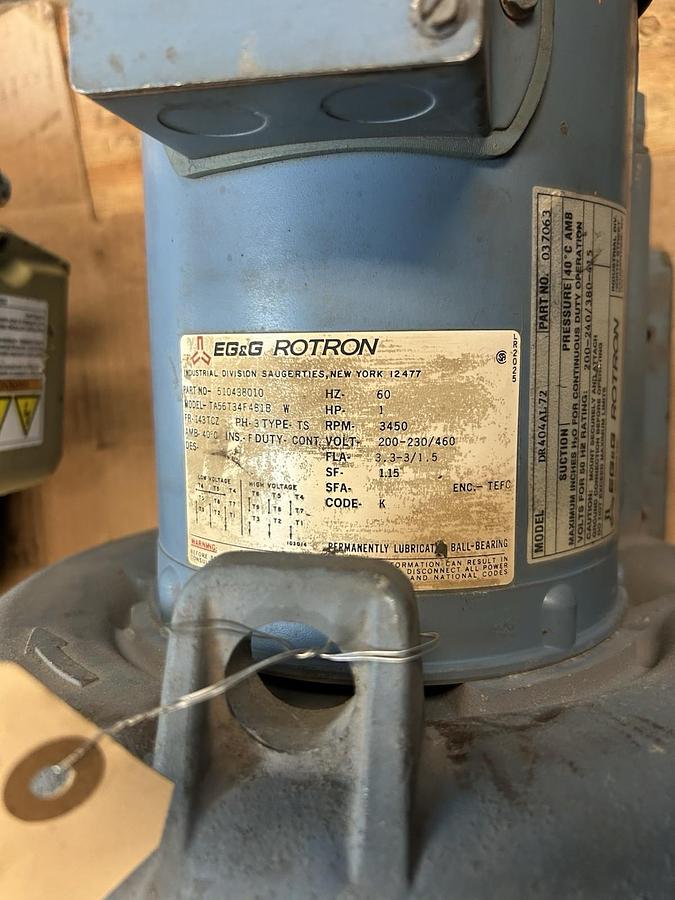 Used EG&G ROTRON,DR404AL72,BLOWER MOTOR 1HP 200-230/460V 3450RPM 143TCZ FRAME