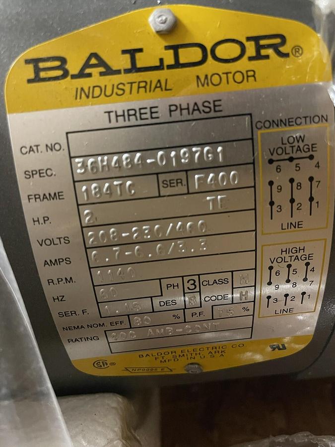 Used Baldor,108700275DQ5,2HP 1140RPM Frame 184TC 208-230/460V Stearns Brake Motor